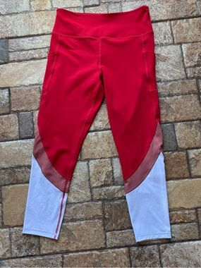 ZYIA Womens Red, Dusty Rose & White Colorblock Full Length Leggings With Pockets